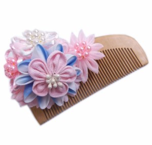 髪飾り 髪かざり 桃の木櫛 くし 花飾り付 日本製 薄ピンク花パールビーズ 振袖 成人式 卒業式 袴 はかま 着物 浴衣