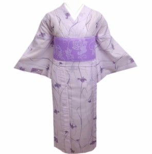 着物 洗える 絽 夏用 と 紗 半巾帯 細帯 2点セット 淡紫地菖蒲ライン Ｍ Ｌ 女性用 夏物 半幅帯