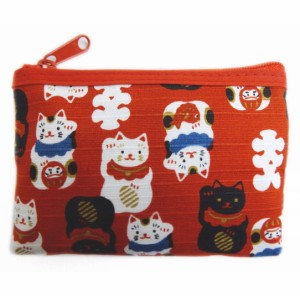 小銭 カード 小物 お薬 入れ 和柄 赤色地大入招き猫 ねこ 日本製 ファスナー 女性用 レディース メンズ 男性用 キッズ