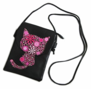バッグ ポシェット ショルダー 和柄 黒色地花柄猫ねこピンク ファスナー 着物 浴衣 女性用 ネコ柄