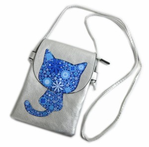 バッグ ポシェット ショルダー 和柄 銀色地花柄猫ねこ青 ファスナー 着物 浴衣 女性用 ネコ柄 シルバー