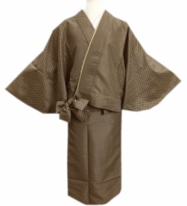 二部式 着物 洗える 袷 江戸小紋 ベージュ濃茶市松 フリー ユニフォーム 普段着 女性用 レディース