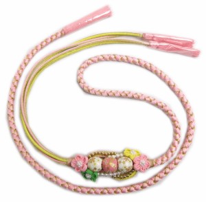 帯締め 帯〆 ピンク白花珠 花パール飾り付 薄ピンク金 先割れ 3色使い 正絹 振袖 成人式 着物 帯じめ 振袖用 きもの