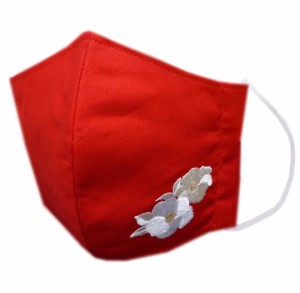 【即発送可】 マスク 刺繍 ガーゼ 赤色地白椿 日本製 1枚入 洗える 繰り返し使える 和柄 女性用 綿 成人式 卒業式