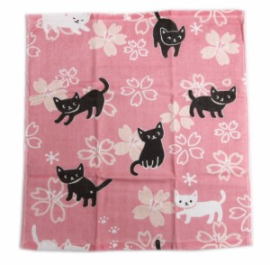 手拭い てぬぐい はんかち ピンク地桜猫ねこ 綿 日本製 和柄 女性用 レディース 着物 浴衣 ハンカチ さくら ネコ