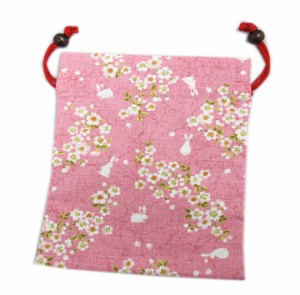 平巾着 巾着袋 小物入れ 和柄 木玉付 桜うさぎピンク 日本製 女性用 レディース 子供用 キッズ