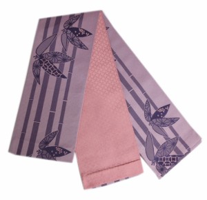 半巾帯 半幅帯 細帯 薄紫色地竹葉和柄 日本製 洗える着物 小紋 紬 きもの 小袋帯 女性用 レディース