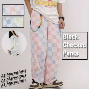 カラフルブロック チェックパンツ ウォレットチェーン付き ストリート系ファッション 韓国ファッション メンズ かっこいい ボトムス ズボ
