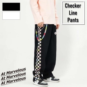 チェッカーライン ロングパンツ メンズ チェッカーフラッグ ストリート系 ウエストゴム ストリートファッション 韓国ファッション シェフ