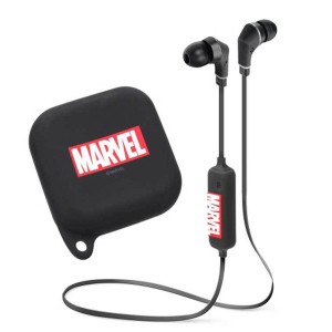 iPhone スマートフォン ワイヤレスイヤホン MARVEL ロゴ/ブラック Bluetooth 4.1 シリコンポーチ 音楽 リモコンマイク キャラ 収納 可愛