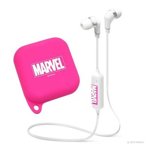 iPhone スマートフォン ワイヤレスイヤホン MARVEL ロゴ/ピンク Bluetooth 4.1 シリコンポーチ 音楽 リモコンマイク キャラ 収納 可愛い 