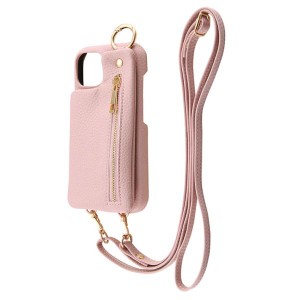 iPhone15 ケース ショルダー ファスナーポケット ピンク 保護 スマホ カバー 斜め掛け ショルダーストラップ ポーチ 付き PU レザー