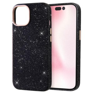 iPhone15 ケース キラキラ ラメ 塗装 ブラック 保護 スマホ カバー アイフォン アイホン オープンレザー GLITZY SUGAR 星空