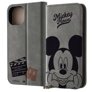 iPhone15 手帳型 ケース ディズニー ミッキー グレー ディズニー カチンコ カバー PU レザー 耐衝撃 カード 収納 ポケット