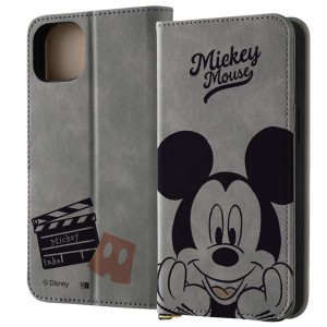 iPhone15Plus 手帳型 ケース ディズニー ミッキー グレー ディズニー カチンコ カバー PU レザー 耐衝撃 カード 収納 ポケット