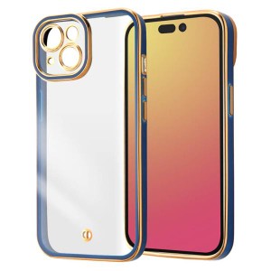 iPhone15 ケース クリア ネイビー ゴールド メタリック フレーム 透明 耐衝撃 シンプル 無地 カメラ 保護 スマホ カバー ソフト TPU