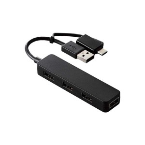 USB ハブ USB2.0 USB-Aコネクタ Type-C 変換アダプター付 USB-Aポート ×4 バスパワー スティックタイプ ケーブル長7cm ブラック