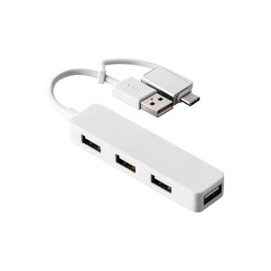 USB ハブ USB2.0 USB-Aコネクタ Type-C 変換アダプター付 USB-Aポート ×4 バスパワー スティックタイプ ケーブル長7cm ホワイト