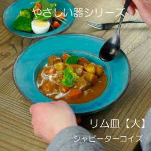 リム皿(大)シャビーターコイズやさしい器 カレー皿 手作り アンティーク風 益子焼 シンプル リムプレート パスタ皿 スープ皿 おしゃれ イ