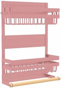 収納ラック 金属製 マグネット式 磁石式 キッチン収納ラック 棚 ペーパーホルダー付き 冷蔵庫側面 調味料収納 サイズL (ピンク)