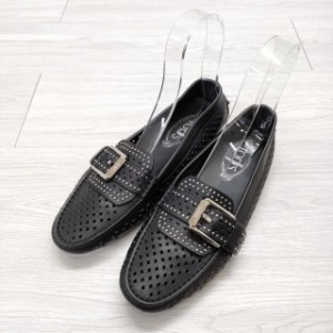 TOD’S ベルト スタッズ レザー ドライビングシューズ 39 1/2 ローファー ブラック レディース トッズ【中古】3-1122G◎