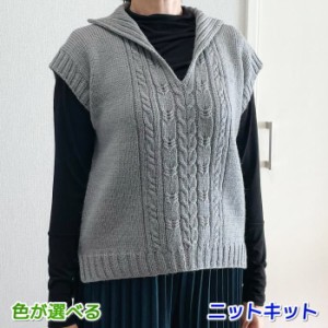 毛糸 タータンで編むスリットカラーの素敵なケーブル模様のベスト セット 手編みキット ダイヤモンド毛糸 無料編み図 編み物キット