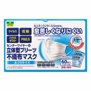 センターワイヤーin立体型プリーツ不織布マスク ふつうサイズ 60枚（10枚×6袋）