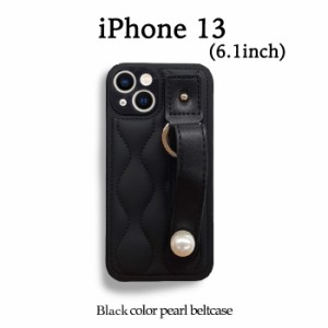 iPhone13 ケース ベルト パール お洒落 キルティング 韓国 かわいい iPhone 13 6.1 ベルト付 クッション おしゃれ 軽量 TPU Black color