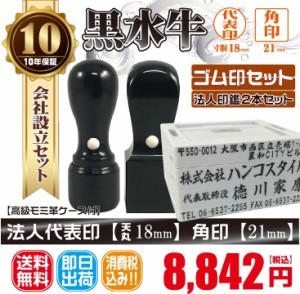 代表印18ｍｍ（天丸）角印21ｍｍ　はんこ　黒水牛　印鑑　ゴム印付