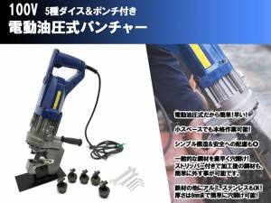 超強力 油圧式 電動パンチャー 100V 5種 パンチダイス 鉄板 鋼材 プレート 加工 穴あけ 穴開け 穴加工 工具 スチールケース付 油圧パンチ