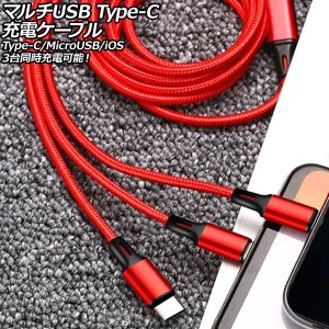 マルチUSB Type-C充電ケーブル レッド 1.2m ナイロン編みタイプ 3台同時充電可能！Type-C/MicroUSB/iOS系端子がひとつに AP-UJ1015-RD