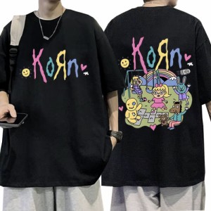 KoRn 半袖Tシャツ カートゥーンデザイン コットン素材 表裏プリント トップス お出かけ アウトドア ストリート ライブ メタル ロック パ