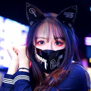 サイバーパンクマスク レディース用ハーフマスク 猫耳ヘアフープ NEOトーキョー イベント レース アイドル ナイトクラブ ハロウィン スト