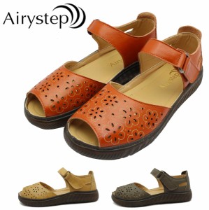 Airystep エアリーステップ レディース レザー フラットシューズ  7912 サンダル オープントゥ 本革 靴