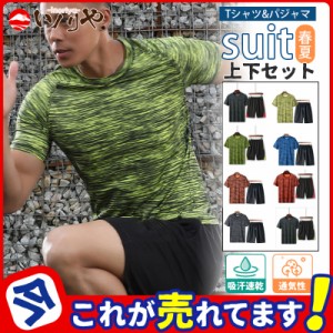 2点セット 上下 セット メンズ セットアップ 夏 Tシャツ 半袖 ハーフパンツ 薄手 ひんやり ジム用 大きいサイズ 吸汗速乾 