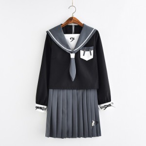 セーラー服 長袖 女子制服 単品/セット 学生服 高品質 女子高校生 コスチューム ブラック＆グレー JK制服 可愛い 前開き コスプレ 学園祭