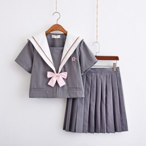 セーラー服 半袖 女子制服 単品/ セット 学生服 高品質 女子高校 生 コスチューム グレー JK制服 可愛い 前開き コスプレ 学園祭 文化祭 