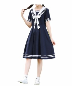 ワンピース チュニック ひざ丈 半袖 レトロ レトロ感 セーラー服風 森ガール セーラー服 女子高生 制服 セーラー襟付ワンピース 春 秋 マ