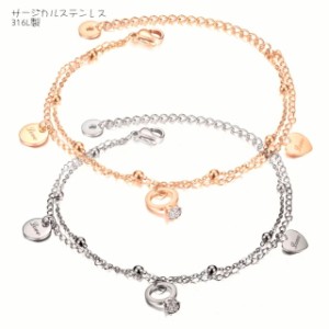 2way 金属アレルギー対応 ステンレスブレスレット アンクレット 2連チェーン レディースブレスレット アンクレット  18K ピンクゴールド 