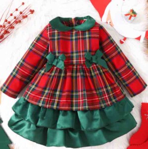 サンタ衣装 クリスマス ワンピース ドレス 女の子 ドレス チェック柄 リボン ガールズ キッズ 長袖 結婚式 子供服 女の子 パーティー お