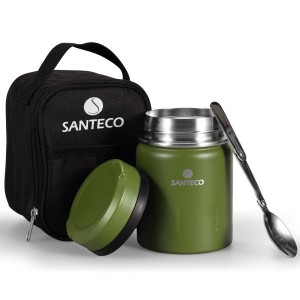 SANTECO 真空断熱 スープジャー 500ml 広口 保温保冷 ランチジャー保温弁当箱 スプーン 専用バッグ付 オシャレ 男女兼用 ピクニック