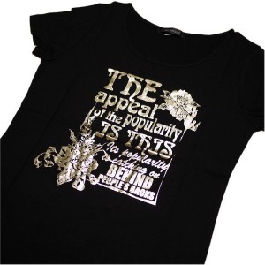 【割引クーポン配布中】Ｔシャツ レディース 半袖  黒地にゴールドの薔薇とロゴ Ｍサイズ 【ゆうパケットOK】3枚まで可