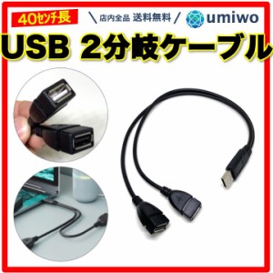 USB 2分岐ケーブル 長さ40cm USB2.0 充電 データ転送 分岐 iphone android LED バイク プリンター テレビ 二股 USBケーブル シンプル 2股