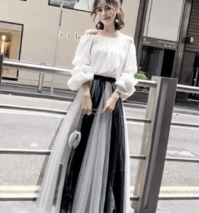 チュール スカート ロング シック マキシ レース フレア バイカラー レディース レトロ 透け感 かわいい きれいめ 大人女子 エレガント 