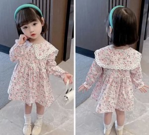 子供服 子花柄 膝丈 ワンピース ドレス フリル フレアスカート キッズ ピンク 緑 キッズ 可愛い きれいめ エレガント クルーネック Aライ