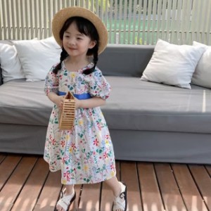 子供服 花柄 ドレス フレアワンピース クルーネック カラフル フラワー 半袖 子供 キッズ 可愛い きれいめ エレガント クルーネック 春 