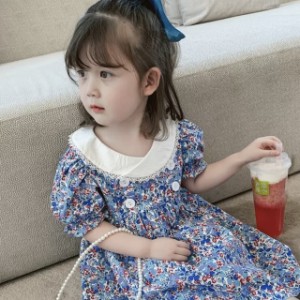 子供服 フリル パフスリーブ 花柄 ドレス ワンピース フレア スカート フロントボタン アシメ キッズ 可愛い きれいめ エレガント クルー