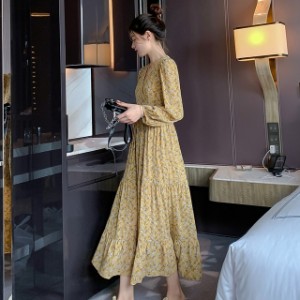 Vネック 花柄 ワンピース レディース ドレス カシュクール フレア ミモレ丈 長袖  カシュクール パフスリーブ 送料無料 個性的 レトロ シ