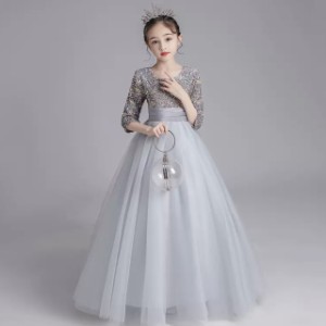 子供服 キッズ ドレス ロングドレス チュール フレアスカート 七分袖 スパンコール リボン 子供 かわいい エレガント 華やか ガーリー グ