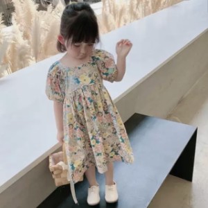 子供服 キッズ ワンピース 花柄 パフスリーブ 半袖 ドレス バッククロス フレア イエロー マルチカラー 可愛い ガーリー キュート 華やか